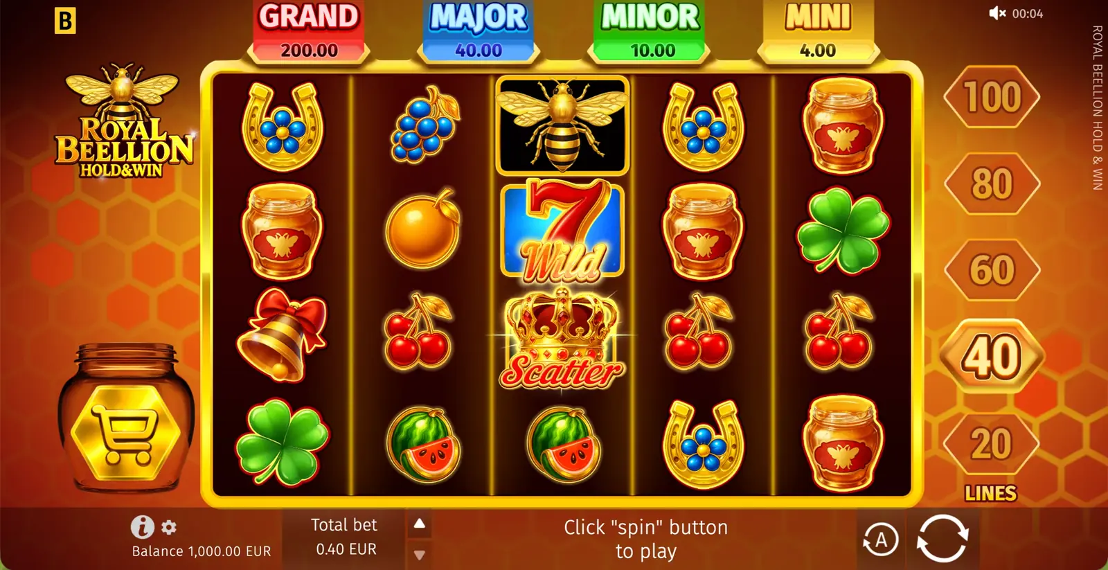 Cuadrícula del juego base de Royal Beellion Hold and Win con el set de símbolos de la reina de las abejas y motivo de panal